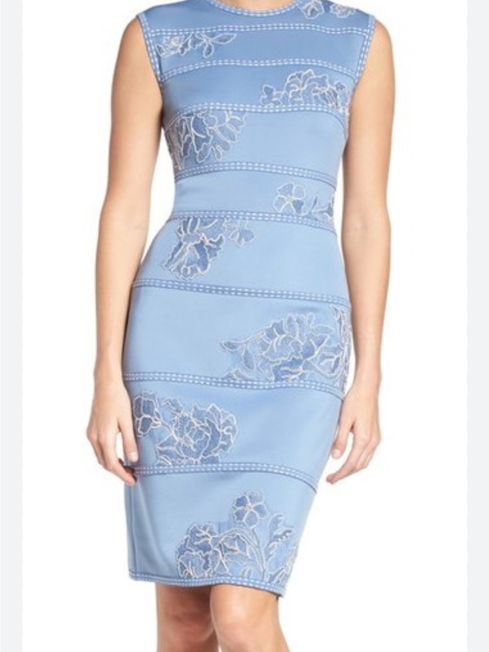 Tadashi Shoji Kitami Light Blue Floral Appliqué Neoprene Sheath Dress size M